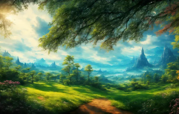 Grass, sky, landscape, art, sun, digital art, fantasy art, ruin