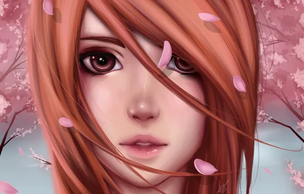 Картинка девушка, лицо, лепестки, сакура, арт, рыжая