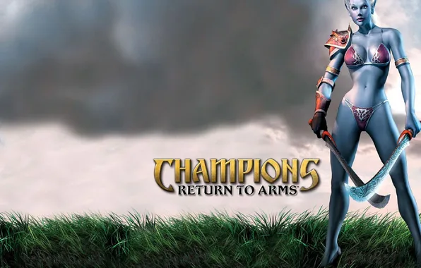 Трава, девушка, оружие, эльфийка, туча, лужайка, Champions: Return to Arms
