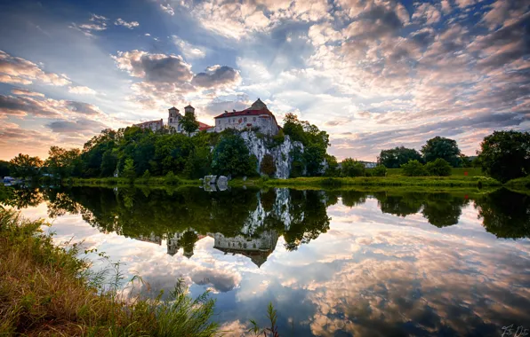 Картинка пейзаж, закат, природа, отражение, река, Польша, монастырь, берега