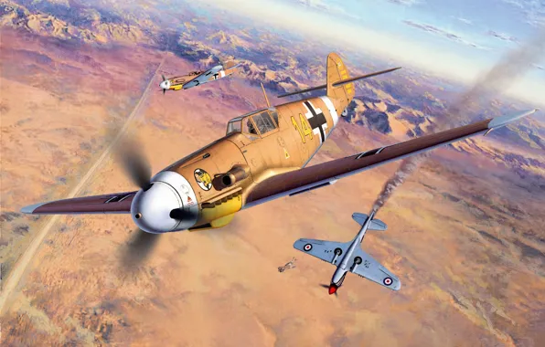 Картинка самолет, рисунок, истребитель, бой, пилот, германия, подбитый, Ме-109