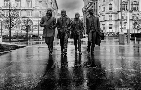 Картинка Англия, чёрно-белая, памятник, The Beatles, монохром, Ливерпуль, Liverpool, England