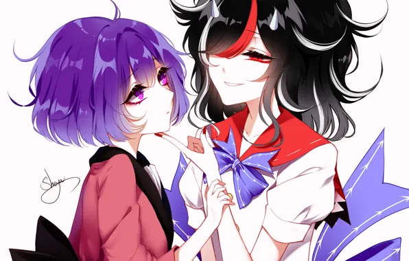 Фон, девушки, арт, рожки, Touhou, Тохо, Тоухоу, Sheya