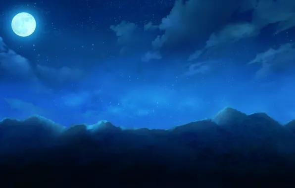 Картинка небо, облака, горы, ночь, природа, луна, аниме, арт