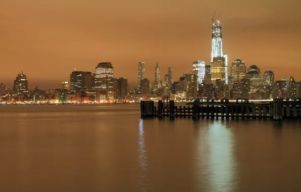 Картинка ночь, город, NYC, hudson river