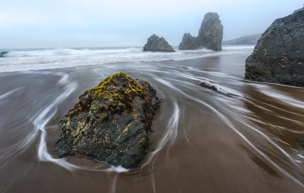 Пляж, туман, океан, скалы, San Francisco