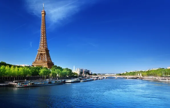 Картинка небо, вода, мост, река, голубое, Франция, Париж, Сена