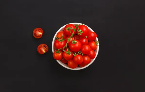 Темный фон, красные, миска, овощи, помидоры