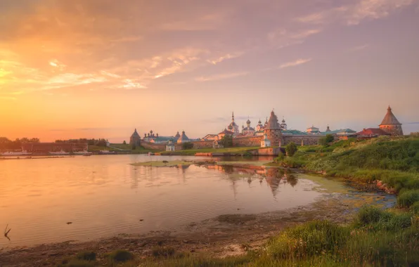 Небо, закат, природа, река, берег, церковь, Соловецкий монастырь, Эдуард Гордеев
