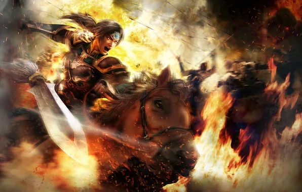 Картинка девушка, огонь, конь, битва, Dinasty Warriors