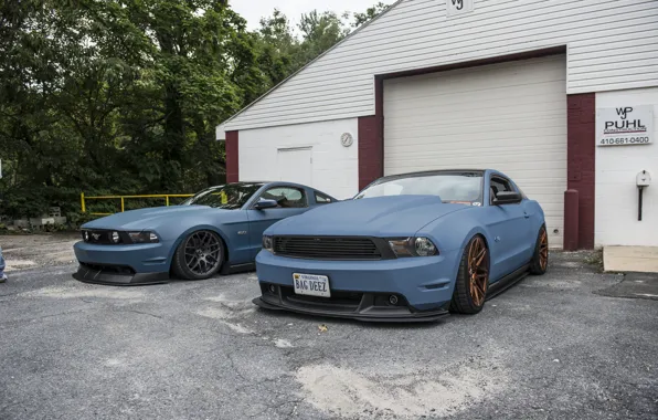 Mustang, Ford, Дорога, красиво, диски, два, blue, боком