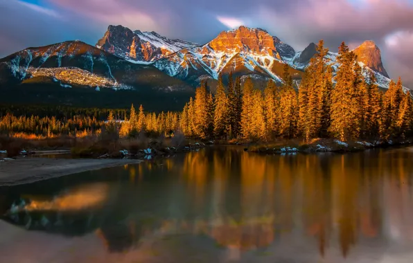 Картинка зима, осень, лес, облака, свет, снег, закат, горы