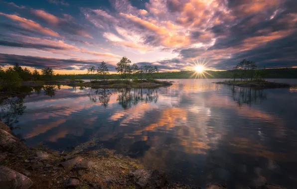 Пейзаж, закат, природа, озеро, отражение