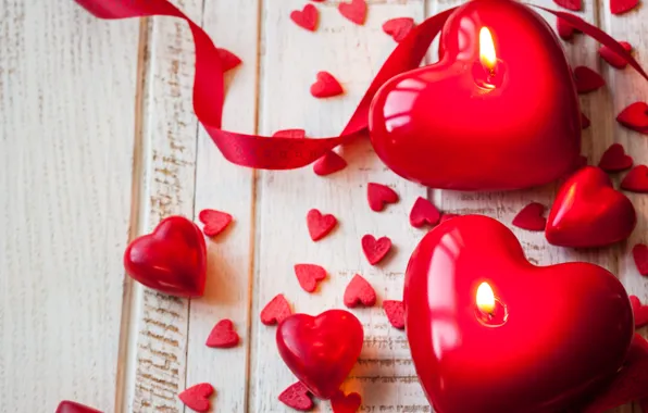 Ленты, свечи, red, love, romantic, hearts, valentine`s day