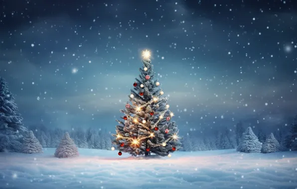 Картинка зима, снег, украшения, шары, елка, Новый Год, Рождество, forest