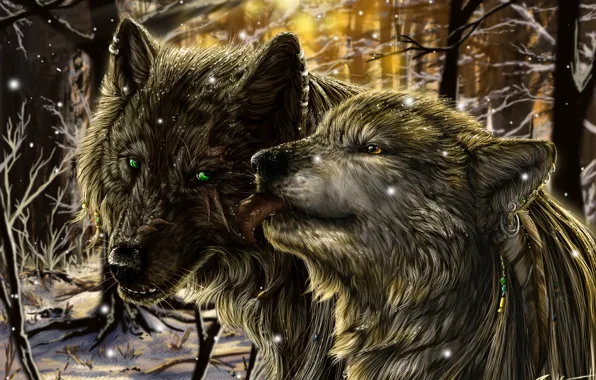 Лес, снег, фантастика, волк, волчица