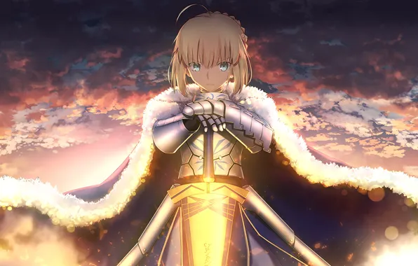 Девушка, оружие, меч, доспехи, saber, fate stay night, anime, art