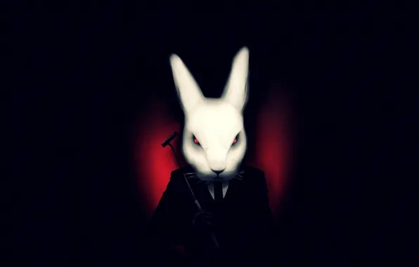 Картинка белый, темный фон, кролик, арт, костюм, misfits