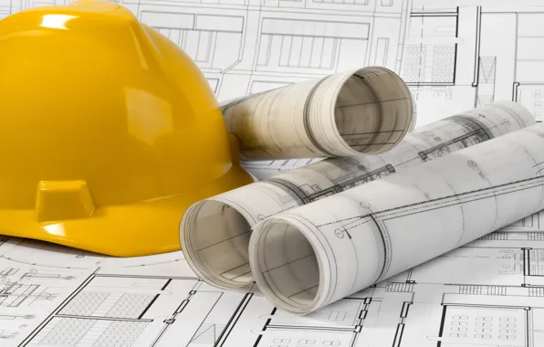 Paper, blueprints, yellow helmet