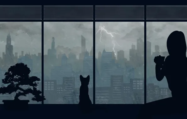 Картинка кошка, девушка, город, дождь, by Aquelion