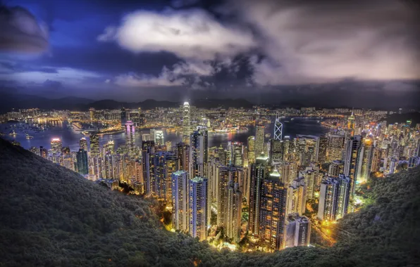 Небо, огни, Гонконг, небоскребы, долина