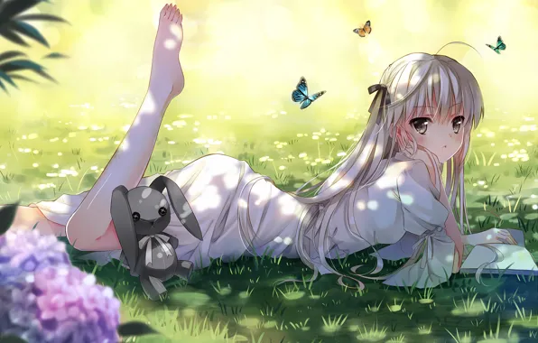Girl, grass, long hair, dress, anime, flowers, beautiful, pretty