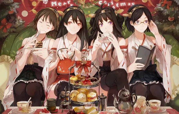 Merry christmas, tea, anime girls, kantai collection, kongou