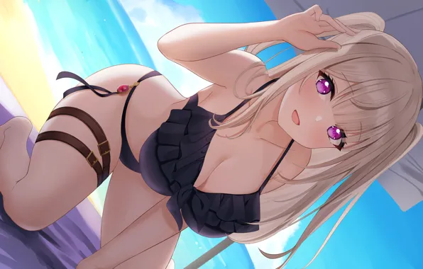 Cleavage, beach, long hair, umbrella, water, purple eyes, sand, blonde