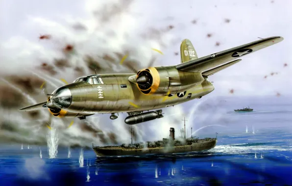 Картинка war, art, painting, aviation, ww2, Martin B-26 Marauder