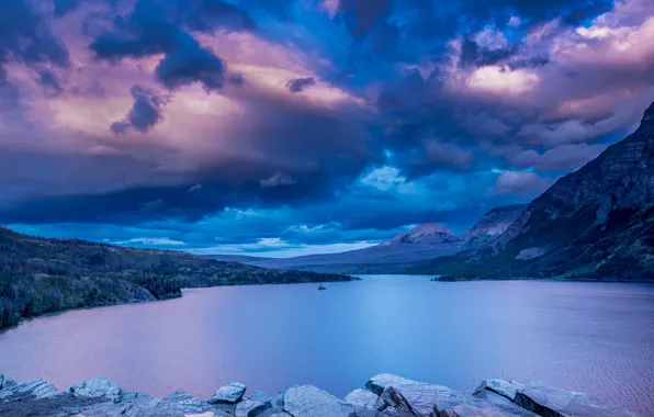 Небо, облака, горы, озеро, Монтана, Glacier National Park, Saint Mary Lake, Скалистые горы