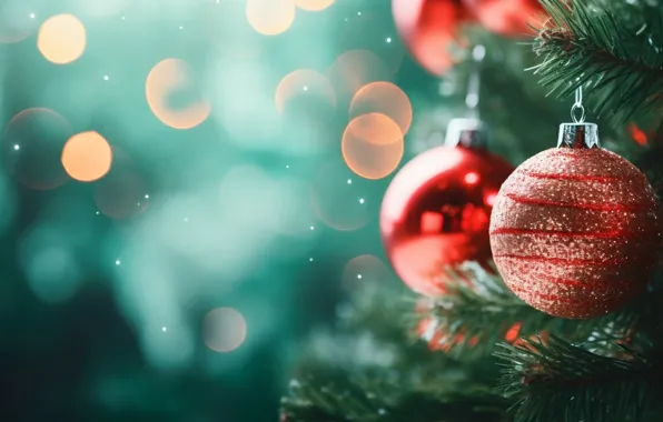 Украшения, фон, шары, елка, Новый Год, Рождество, red, new year