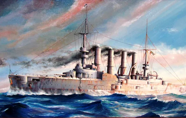 Картинка море, рисунок, арт, WW1, броненосный крейсер, SMS Scharnhorst, германского императорского флота, художник М.Гончаров