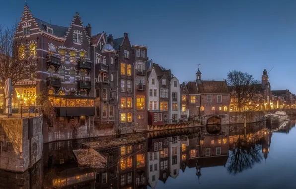 Город, отражение, дома, вечер, освещение, канал, Нидерланды, Голландия