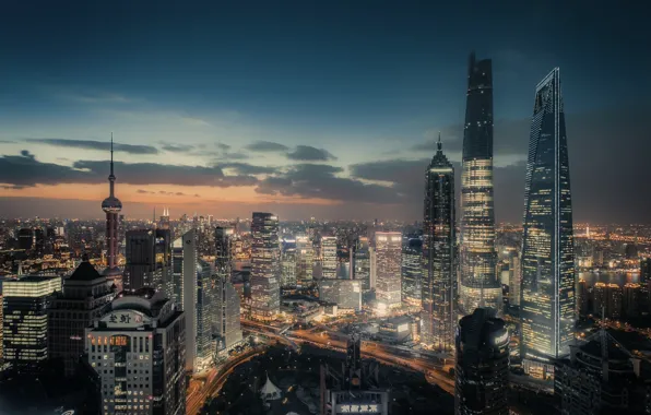 Картинка город, огни, вечер, Китай, Шанхай, КНР