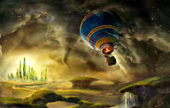 Картинка обломки, полет, надежда, воздушный шар, путешественник, долина, смерч, башни