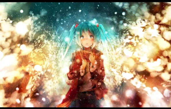 Девушка, снег, шарф, арт, vocaloid, hatsune miku, вокалоид