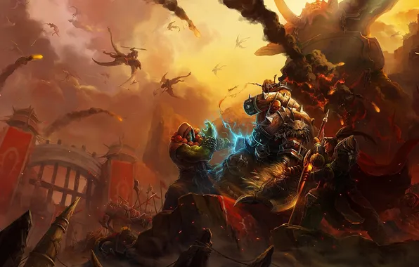 Картинка оружие, драконы, арт, монстры, World of Warcraft, битва, орк, wow