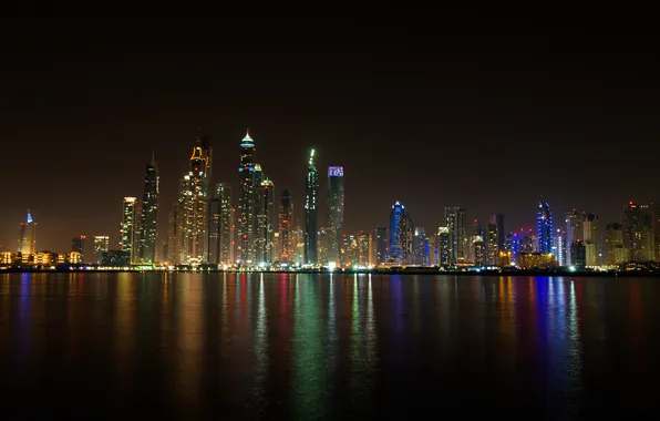 Картинка ночь, огни, здания, Дубай, небоскрёбы