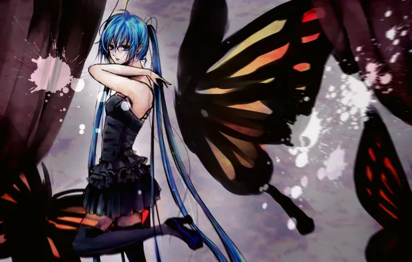 Картинка девушка, бабочка, обувь, чулки, платье, голубые глаза, hatsune miku, вокалоид