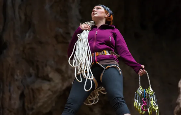 Woman, equipment, attitude, climbing ropes
