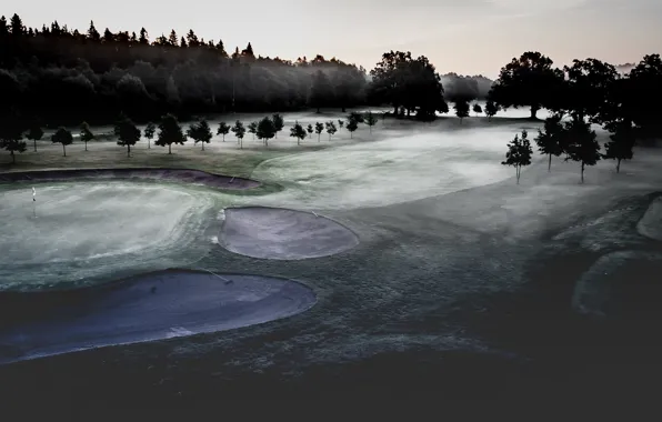 Картинка поле, туман, утро, гольф