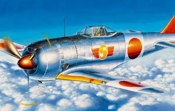 War, art, painting, aviation, ww2, japanese army fighter, Nakajima Ki-44