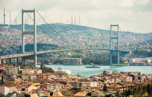 Картинка мост, река, движение, транспорт, корабль, дома, лодки, Стамбул