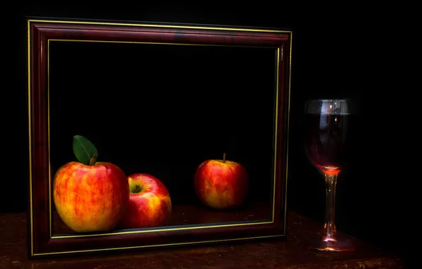 Вино, яблоки, бокал, картина, The frame