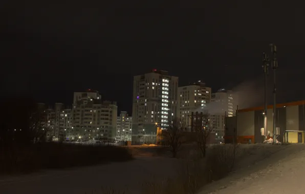 Картинка зима, небо, снег, здания, дома, вечер, Россия, архитектура