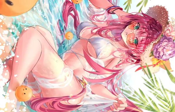 Girl, sexy, cleavage, beach, pink hair, green eyes, long hair, sea
