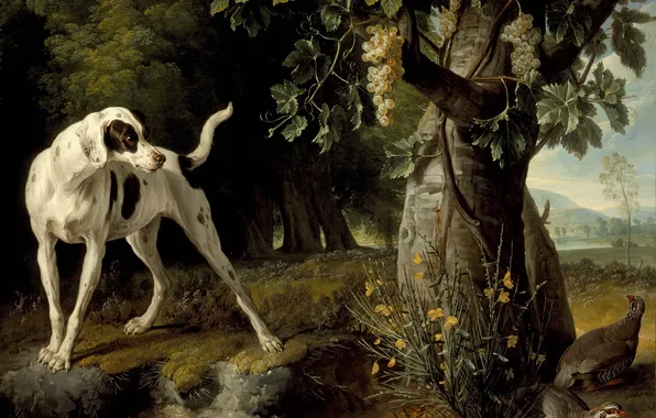Картинка пейзаж, дерево, собака, растения, куропатки, виноградная лоза, Alexandre Francois Desportes