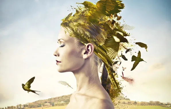 Девушка, креатив, птица, профиль