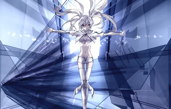 Девушка, красные глаза, black rock shooter, стрелок с черной скалы, white rock shooter