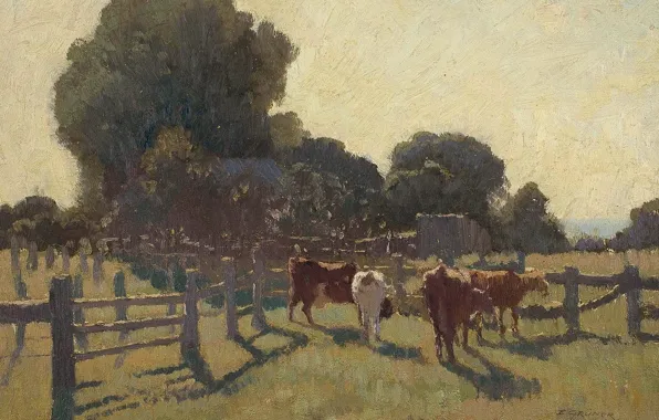 Животные, картина, коровы, Elioth Gruner, Морозное Утро, Элиот Грюнер
